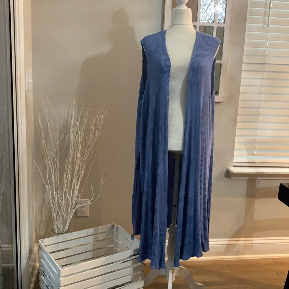 Blue Maxi Sleeveless Thermal Cardigan/Duster
